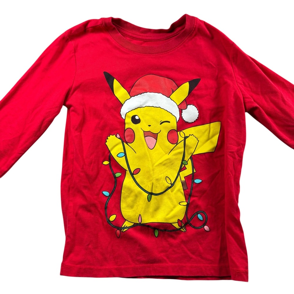 Pokemon Pikachu Christmas Long Sleeve Graphic Shirt Red Kids Sz 6 gamer anime